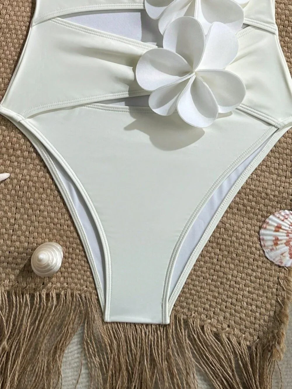 White Elegant Women's Beach 3D Floral Off-Shoulder Strapless Ruched Swimsuit